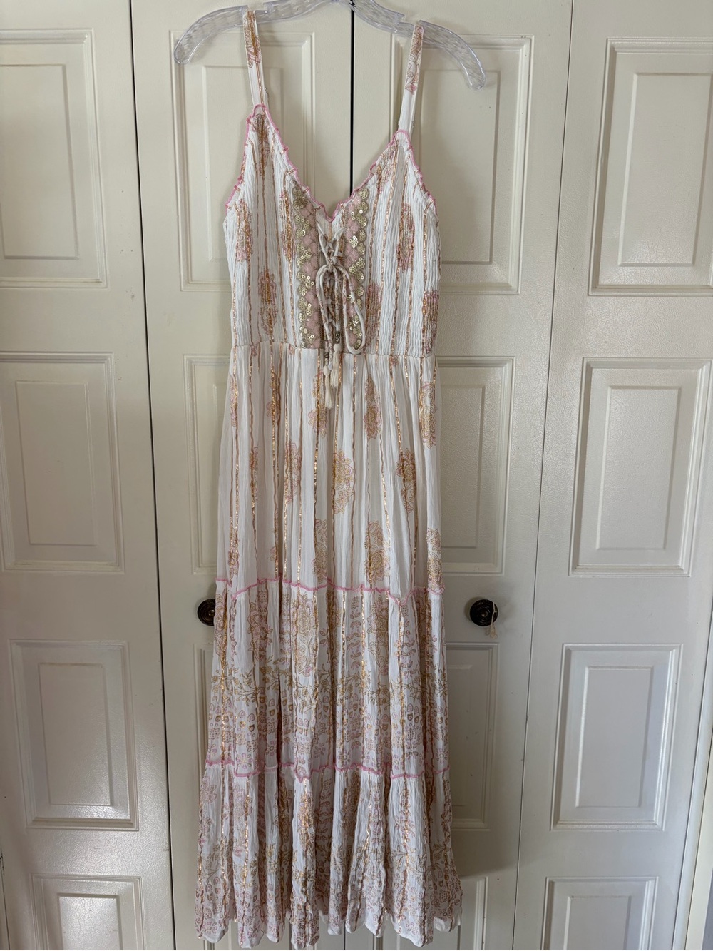 NWT Me 2 Magic Anthropologie Boho Fairy Romantic Lace Up Dress Festive LG Tiered